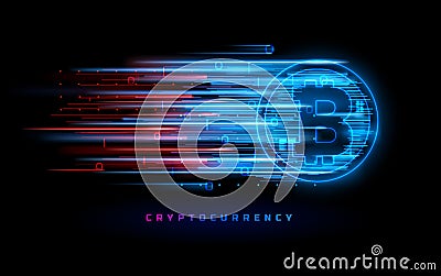 Cryptocurrency concept. Vector technology illustration. Neon light sign with with neon lines, geometric figures Vector Illustration