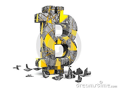 Cryptocurrency crisis concept, collapse Golden bitcoin symbol cryptocurrency broken 3D rendering isolated on white background Stock Photo