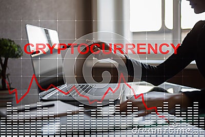 Cryptocurrency crisis on virtual screen. Bitcoin and Ethereum falls. Stock Photo