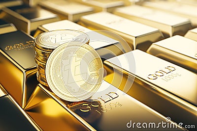 Cryptocurrency and digital money concept with Litecoin golden coins and 1000 grams gold bars on background. Editorial Stock Photo