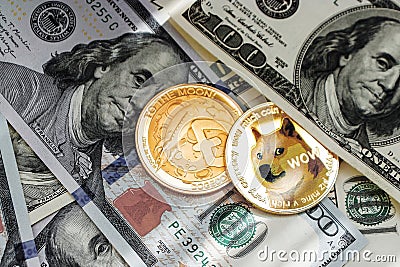 Cryptocurrency, dogecoin coins on money in close-up top view Editorial Stock Photo