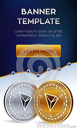 Cryptocurrency editable banner template. Tron. 3D isometric Physical bit coin. Golden and silver Tron coins. Stock Vector Illustration