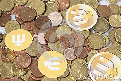 Cryptocurrency euro coins and primecoin composition Stock Photo