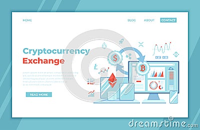 Cryptocurrency Exchange and Blockchain. Bitcoin, Ethereum, XRP, EOS, Stellar, Litecoin to dollars exchange platform. Money market Vector Illustration