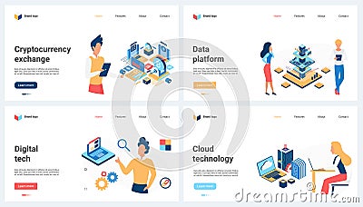 Cryptocurrency exchange, digital technology, data storage service set and tiny people Vector Illustration