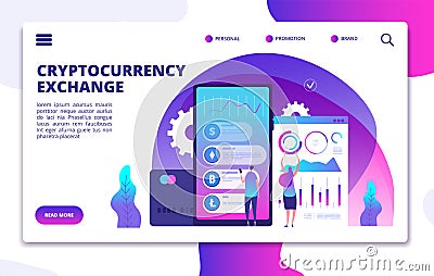 Cryptocurrency exchange landing page. Online crypto payment. Business marketplace web vector design Vector Illustration