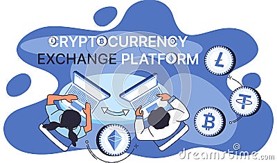 Cryptocurrency exchange platform. Employees analyze digital trading market and blockchain technology Vector Illustration