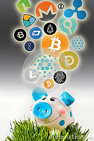 cryptocurrency - financial technology and internet money - piggy bank and coin signs Editorial Stock Photo