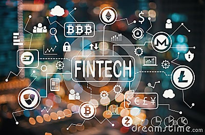 Cryptocurrency fintech theme with blurred city lights Stock Photo