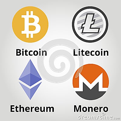 Cryptocurrency flat colorfull logo set - bitcoin, litecoin, ethereum, monero. Vector illustration. Vector Illustration