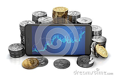 Cryptocurrency grow graph displayed on smartphone screen surrounded by different cryptocurrencies piles. Editorial Stock Photo