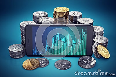 Cryptocurrency grow graph displayed on smartphone screen surrounded by different cryptocurrencies piles. Editorial Stock Photo