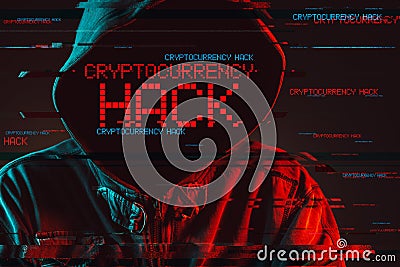 Cryptocurrency hack concept with faceless hooded male person Stock Photo