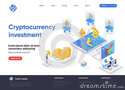 Cryptocurrency investment isometric landing page. Vector Illustration