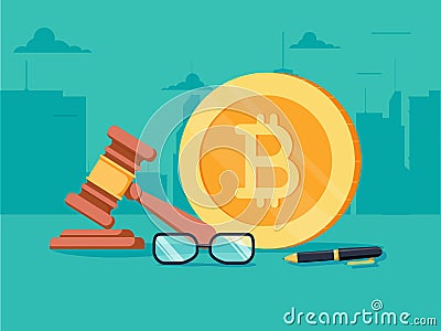 Cryptocurrency legislation flat isometric concept. Signed document with bitcoin and gavel on it. Cartoon Illustration