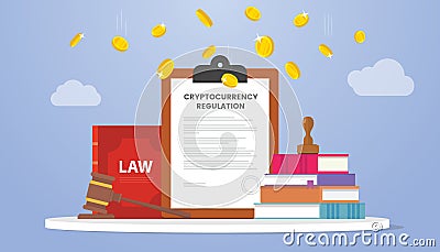 Cryptocurrency legislation regulation concept with gold coin money and law books with modern flat style Vector Illustration