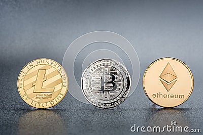 Cryptocurrency Lite coin,Silver Bitcoin,Ethereum on black background,Digital cryto currencies.Virtual money. Editorial Stock Photo