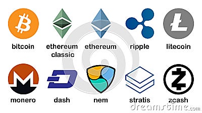 Cryptocurrency logo set - bitcoin, litecoin, ethereum, ethereum classic, monero, ripple, zcash, dash, stratis, nem Vector Illustration