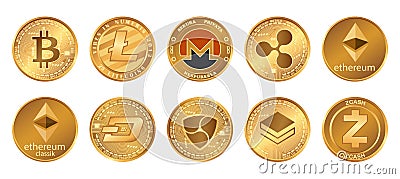 Cryptocurrency logo set - bitcoin, litecoin, ethereum, ethereum classic, monero, ripple, zcash dash stratis nem. Golden Vector Illustration