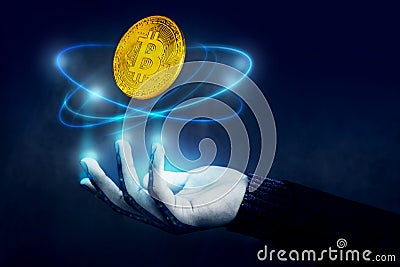 Cryptocurrency Management Concept. Golden Bitcoin Money Floating Stock Photo