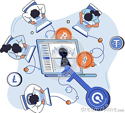 Cryptocurrency marketplace design with crypto traders work with laptop. Bitcoin transactions Vector Illustration