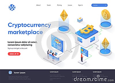 Cryptocurrency marketplace isometric landing page Vector Illustration