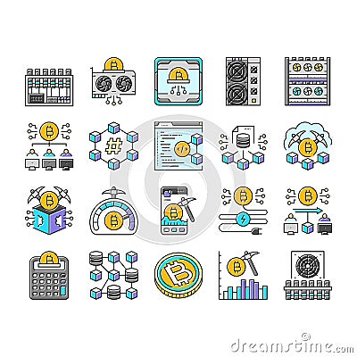 cryptocurrency mining blockchain icons set vector Cartoon Illustration