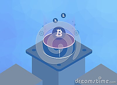 Cryptocurrency mining and Blockchain techology isometric concept. Digital money vector illustration. Bitcoin, Litecoin, Vector Illustration