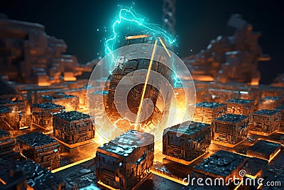 Cryptocurrency Mining Concept with 3D Rendered Pickaxes Striking Luminous Block of Code Stock Photo