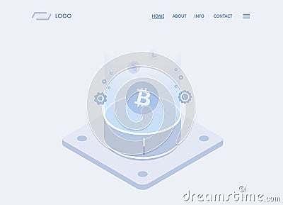 Cryptocurrency mining farm isometric concept. Blockchain and Digital money vector illustration. Bitcoin, Litecoin, Ethereum crypto Vector Illustration