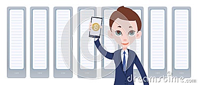 Cryptocurrency mining farm and man with smartphone in hand. Mobile bitcoin wallet app. Vector illustration by flat style Vector Illustration