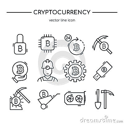 Cryptocurrency mining icon collection. Vector Illustration
