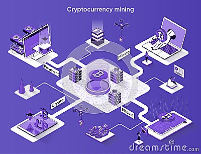 Cryptocurrency mining isometric web banner. Bitcoin mining process 3d scene design. Online payment, digital money Vector Illustration