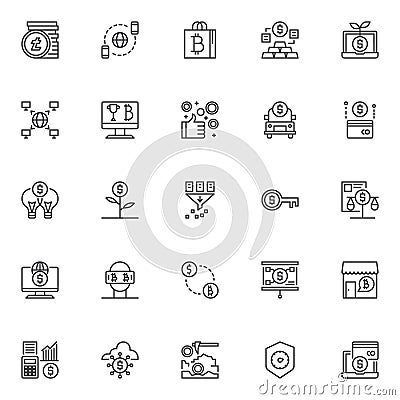 Cryptocurrency mining outline icons set Vector Illustration