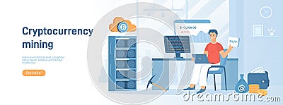 Cryptocurrency mining. ?reating new crypto coin using server racks. Blockchain technology, mining farm. Vector Illustration