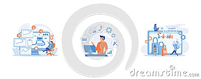 Cryptocurrency mining software, artificial intelligence for e business, Clients assistance, call center, hotline operator, Vector Illustration