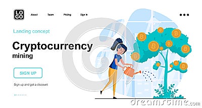 Cryptocurrency mining web concept. Woman watering money tree with bitcoins. Investment tools. Template of people scene. Vector Vector Illustration