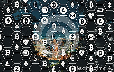 Cryptocurrency with Mtsuyama city in Japan Editorial Stock Photo