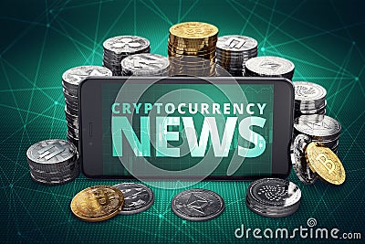 Cryptocurrency news text on smartphone screen surrounded by piles of different crypto coins. Title screen for recent cruptocurrenc Cartoon Illustration