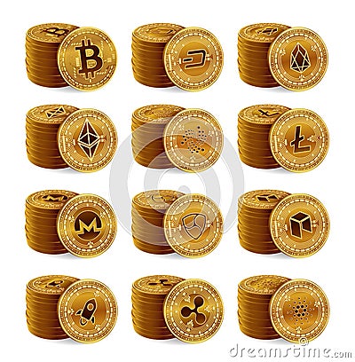 Cryptocurrency physical coins stack set. 3D Golden Crypto currency coins isolated on white background. Bitcoin, Ripple, Ethereum, Cartoon Illustration