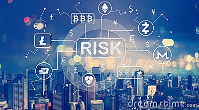 Cryptocurrency risk theme with aerial view of city skylines Stock Photo