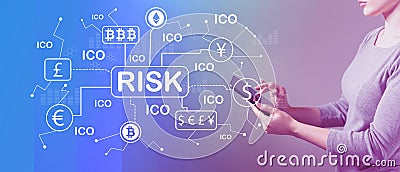 Cryptocurrency risk theme with woman using a tablet Stock Photo