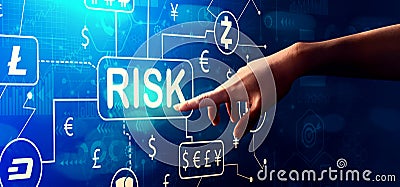 Cryptocurrency risk theme with hand pressing a button Stock Photo