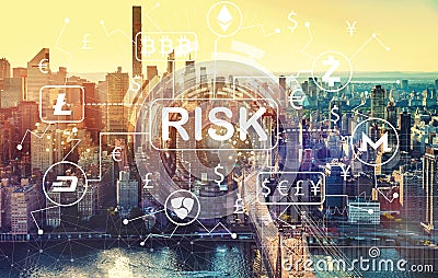 Cryptocurrency risk themewith aerial view of Manhattan, NY Stock Photo