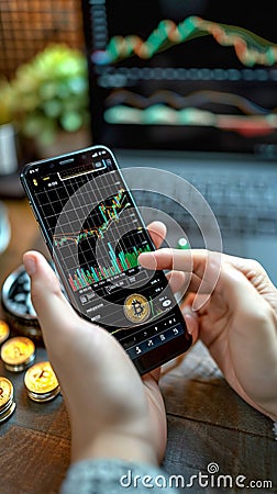 Cryptocurrency scene Hand holds Bitcoin, smartphone displays stock chart in cafe Stock Photo