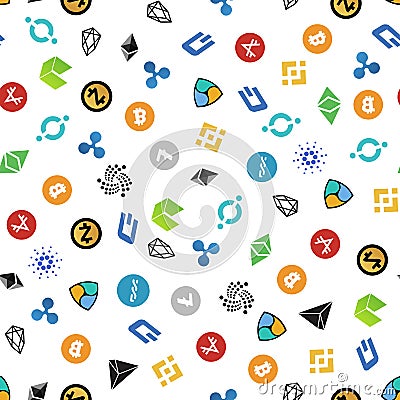 Cryptocurrency seamless pattern. Crypto currency background. Cartoon Illustration