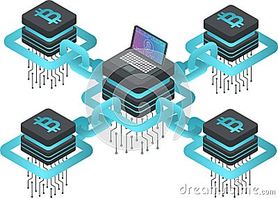Cryptocurrency servers with bitcoin symbol connected by blockchain links to laptop showing bitcoin symbol on screen Vector Illustration