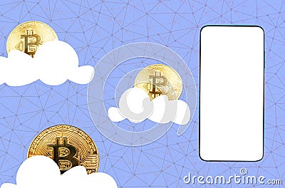Cryptocurrency. Smartphone with a mock up and flying clouds with bitcoin. Purple background with mesh. Copy space Stock Photo