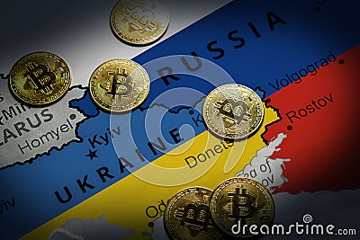 Cryptocurrency standing on the map of Russia and Ukraine. Concept of precaution against financial sanctions Stock Photo