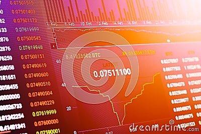 Cryptocurrency stock market trading graph BTC ETH with filter effect. Fintech Investment Financial Internet Technology Concept. B Stock Photo